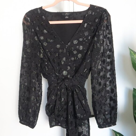 J. Crew Tie-waist V-neck Long Sleeve Top / Blouse in Metallic Dot Jacquard S - Picture 8 of 12